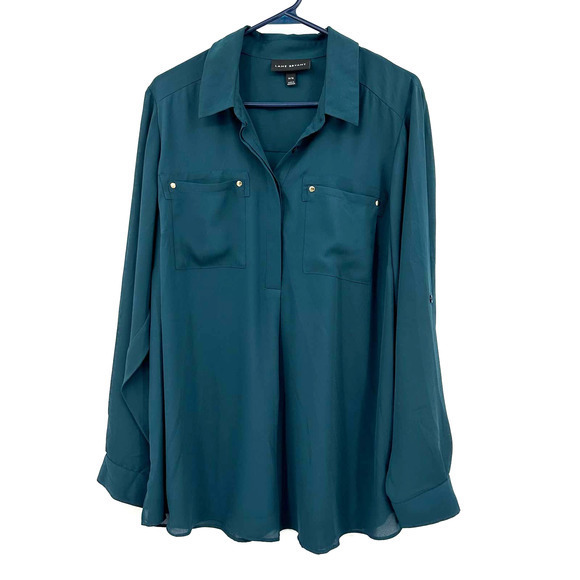 Lane Bryant size 14‎ / 16 teal button up long sleeve blouse semi sheer - Picture 1 of 7